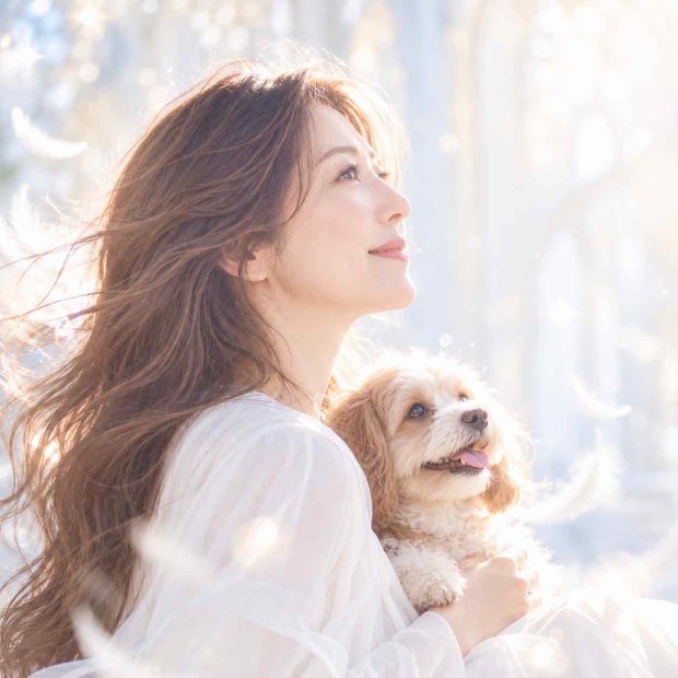 光の中でほほえむ女性と、白い犬