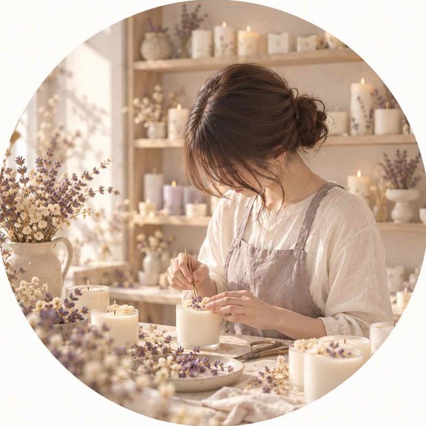 工房でキャンドルにドライフラワーをのせる作り手